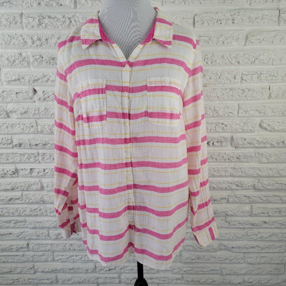 💕 Lane Bryant Womens Shirt 18 20 Button Up Collar Pink Yellow Linen